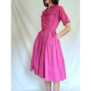 1950s Vintage Shirtwaist Dress: Hot Pink Pleated Cotton Day Dress, Womens